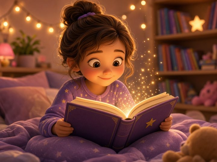 A girl reading a glowing storybook